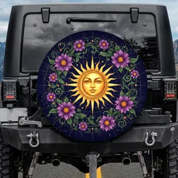 Sun Moon Stars Purple Flowers - Celestial Home Decor Gift for Stargazer Spare Tire Cover