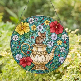 Brown Mouse Teapot Hibiscus Botanical Vines - Home Decor Gift for Wildlife Lovers Stained Glass Suncatcher