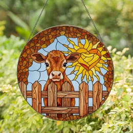 Cute Young Calf Peeking Rustic Picket Fence Heart Sun Farmhouse Decor Gift for Calf Lover Stained Glass Suncatcher