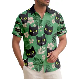 Black Cat Faces Monstera Palm Hibiscus - Tropical Home Decor Gift for Cat Lovers Hawaiian Shirt
