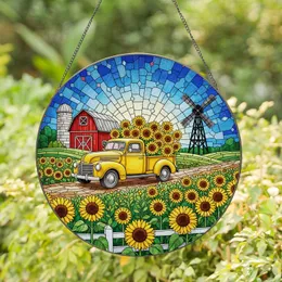 Vintage Pickup Truck Sunflowers Barn Windmill Farmhouse Decor Gift for Farm Lovers Stained Glass Suncatcher