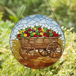 Rustic Wooden Wagon Apple Wheat - Farmhouse Decor Gift for Garden Lover Stained Glass Suncatcher