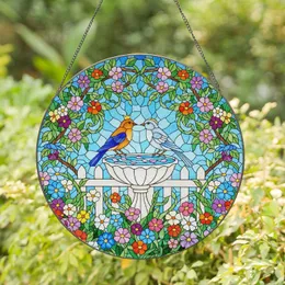 Garden Birds White Birdbath Picket Fence Floral Scene - Home Decor Gift for Bird Lover Stained Glass Suncatcher