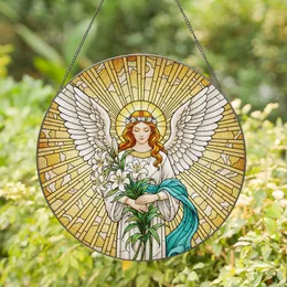 Angelic Woman White Lilies Flowing Teal Sash Golden Celestial Glow - Home Decor Gift Stained Glass Suncatcher