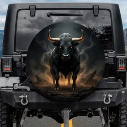 Black Bull Golden Horns Swirling Dust - Powerful Wildlife Lover Gift Spare Tire Cover