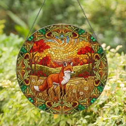 Tiffany Stained Glass Red Fox Autumn Landscape - Wildlife Lover Home Decor Gift Stained Glass Suncatcher