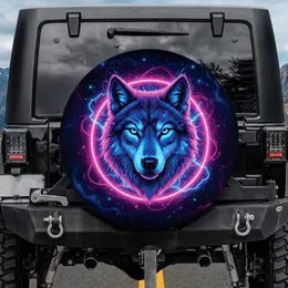 Neon Magenta Blue Wolf Head Glowing Eyes Cyberpunk - Sci-Fi Lover Gift for Auto Enthusiast Spare Tire Cover
