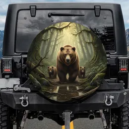Brown Bear Cubs Forest Path Ancient Rainforest Mist Mossy Rocks - Wildlife Lover Gift Spare Tire Cover