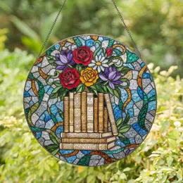 Stacked Books Rose Daisy Lotus Mosaic - Window & Home Decor Gift for Book Lovers Stained Glass Suncatcher