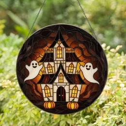 Haunted House Arched Windows Friendly Ghosts Pumpkins Scene - Halloween Home Decor Gift Stained Glass Suncatcher