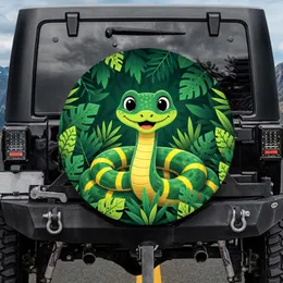 Cheerful Green Snake Yellow Stripes Tropical Jungle Leaves - Wildlife Lover Gift Spare Tire Cover
