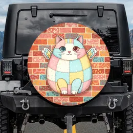 Plump Cat Smile Wings Blue Pink Eye Brick Wall - Home Decor Gift for Cat Lover Spare Tire Cover