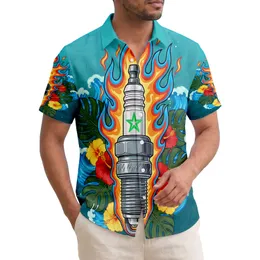 Spark Plug Star Flames Monstera Hibiscus Wave - Automotive Lifestyle Gift for Car Lover Hawaiian Shirt
