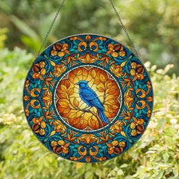 Blue Bird Branch Leaves Floral Botanical Orange Brown Flowers - Home Decor Gift Stained Glass Suncatcher