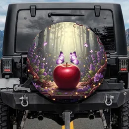 Premium Purple Butterflies Red Apple Wildflowers Glowing Fairy Lights Forest Floor - Nature Lover Gift Spare Tire Cover