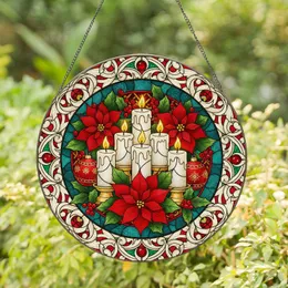 Christmas Candles Poinsettia Holly Baubles - Holiday Home Decor Gift Stained Glass Suncatcher