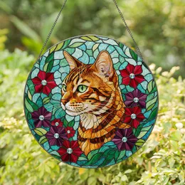 Bengal Cat Profile Red Flowers Green Leaves - Home Decor Gift for Cat Lover Stained Glass Suncatcher