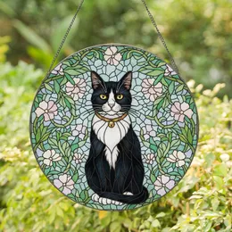 Tuxedo Cat Bell Collar Floral Vines Mosaic - Home Decor Gift for Cat Lover Stained Glass Suncatcher