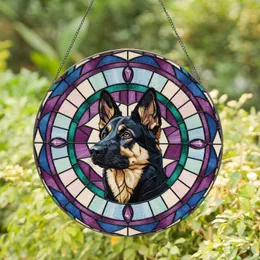 Black and Tan Dog Alert Ears Circular Band Jewel Details - Dog Lover Home Decor Gift Stained Glass Suncatcher