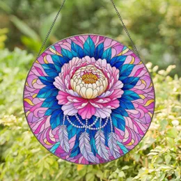 Peony Flower Leaves Feathers Beaded Strands Glass Pieces - Home Decor Gift for Flower Lover Stained Glass Suncatcher