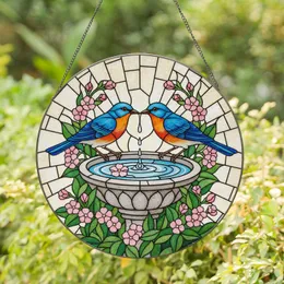 Birds Touching Beaks Birdbath Pink Flowers - Wildlife Lover Home Decor Gift Stained Glass Suncatcher