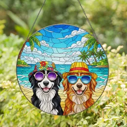 Two Cheerful Dogs Hats Sunglasses Beach Landscape - Home Decor Gift for Dog Lovers Stained Glass Suncatcher
