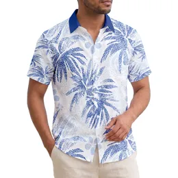 Distressed Indigo White Palm Fronds Waves Plumeria Silhouettes - Tropical Beach House Decor Hawaiian Shirt