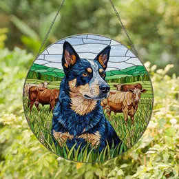Blue Heeler Dog Cattle Green Fields - Farmhouse Home Decor Gift for Cattle Dog Lovers Stained Glass Suncatcher