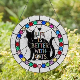 Black Cat Silhouette Life is Better with CATS - Home Decor Gift for Cat Lovers Stained Glass Suncatcher