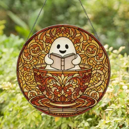 Luminous Ghost Reading Book Teacup - Autumnal Decor Gift for Bookworms Stained Glass Suncatcher