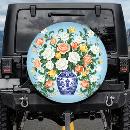 Chinoiserie Floral Vase Tulip Arrangement - Home Decor Gift for Garden Lover Spare Tire Cover