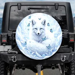 White Arctic Fox Blue Monarch Butterflies Ice Petals - Wildlife Lover Gift Spare Tire Cover
