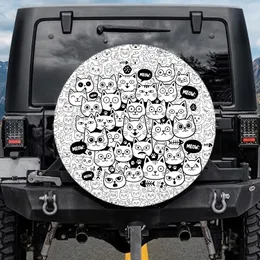 Cartoon Cat Faces Paw Prints Meow Speech Bubbles - Feline Enthusiast Everyday Gift Spare Tire Cover