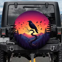 Wise Crow Silhouette Forest Mountains - Vibrant Sunset Wildlife Lover Gift Spare Tire Cover