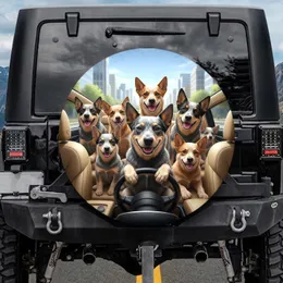Seven Australian Cattle Dogs Driving Car Scene - Dog Lover Gift Spare Tire Cover