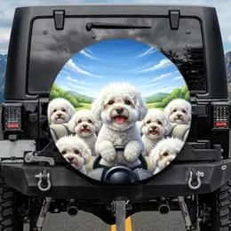 Joyful Fluffy Bichon Frise Dogs Driving Scenic Journey - Road Trip Gift for Dog Lovers Spare Tire Cover