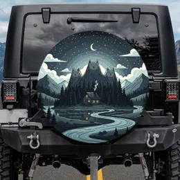 Warm Lit Cabin Evergreen Mountain Lake Starry Night - Travel Essentials Gift Spare Tire Cover
