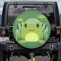 Cartoon Frog Face Water Ripples Lily Pads Cattail Grass Pond - Wildlife Nature Lover Gift Spare Tire Cover