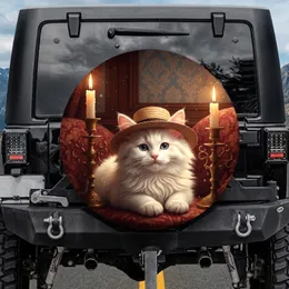 White Kitten Straw Fedora Candelabra Luxurious Interior - Home Decor Gift for Cat Lover Spare Tire Cover