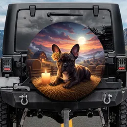 Brindle French Bulldog Puppy Golden Hay Barn Village Moon - Farmhouse Home Decor Gift Spare Tire Cover