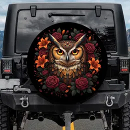 Majestic Owl Fiery Orange Eyes Lush Floral Berry Accents - Wildlife Lover Gift Spare Tire Cover