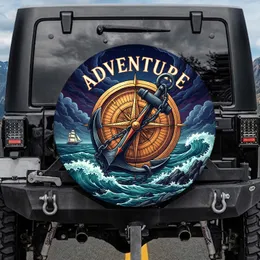 Wooden Compass Anchor Ocean Waves ADVENTURE - Outdoor Adventure Gift for Adventurers Spare Tire Cover