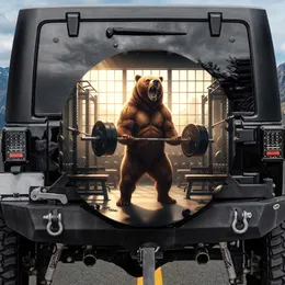 Roaring Brown Bear Barbell Weightlifting - Fitness Enthusiast Gym Decor Gift Spare Tire Cover