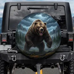 Powerful Grizzly Bear Snarling Bared Teeth Craggy Rocks Forest Storm - Wildlife Lover Gift Spare Tire Cover