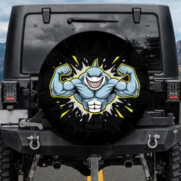 Stylized Cartoon Shark with Flexing Arms - Outdoor Adventure Gift for Drivers Spare Tire Cover