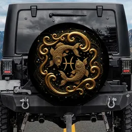 Golden Pisces Fish Swirling Stars - Zodiac Home Decor Gift for Astrology Lover Spare Tire Cover