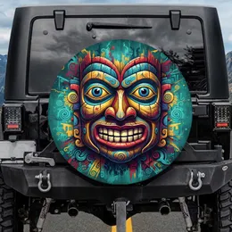 Carved Wooden Totem Face Geometric Tribal Motifs - Outdoor Decor Gift Spare Tire Cover