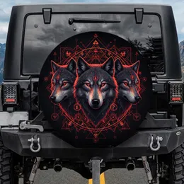 Three Realistic Wolf Heads Glowing Red Geometric Arcane - Dark Fantasy Gift Spare Tire Cover