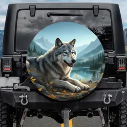 Vigilant Gray Wolf Alpine Lake Mountain Autumn Forest - Wildlife Lover Gift Spare Tire Cover