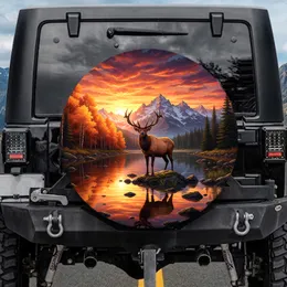 Bull Elk Snowy Peaks Mountain Lake Autumn Forest Fiery Sunset - Wildlife Lover Gift Spare Tire Cover